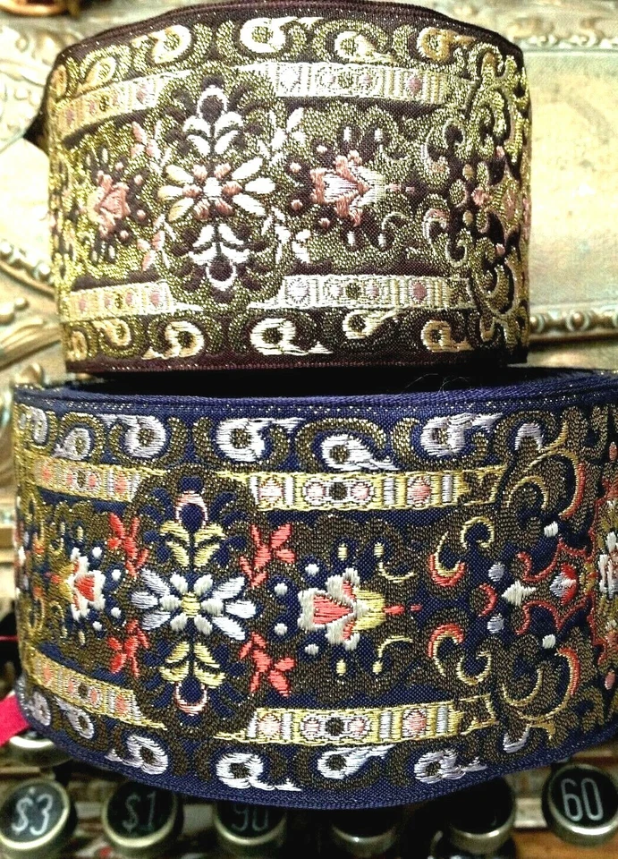 jacquard vintage 2,25" seda bordada ouro metálico 1yd feito na França - Imagem 3 de 4