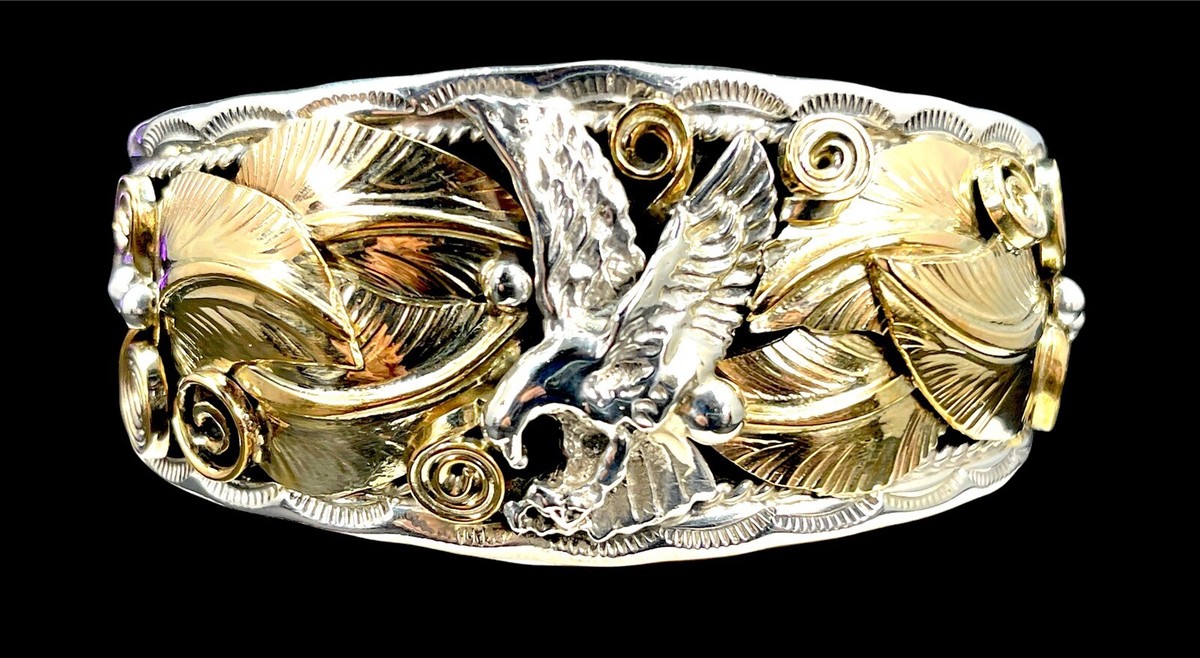 SIGNED ALLEN CHEE NAVAJO STERLING SILVER GOLD VERMEIL FLYING EAGLE