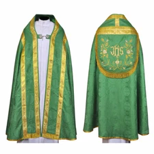 New Green Cope & Stole Set with IHS embroidery, Capa Pluvial, Chape, Far Fronte