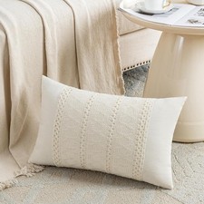 Set of 1 Boho Cream Lumbar Decorative Throw Pillow Cover 12x20 Inch for Couch