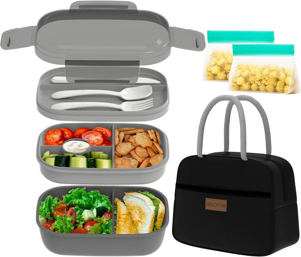 Stackable Bento Box Set - 3 Leak-Proof BPA-Free Containers in Grey & Black