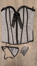 NWT Shirley Of Hollywood Corset Set Lavender Gray Satin W/ Black Ribbon, Size 38