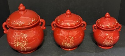 American Atelier Red Rooster Stoneware Country Canisters/lids Small, Med & Large