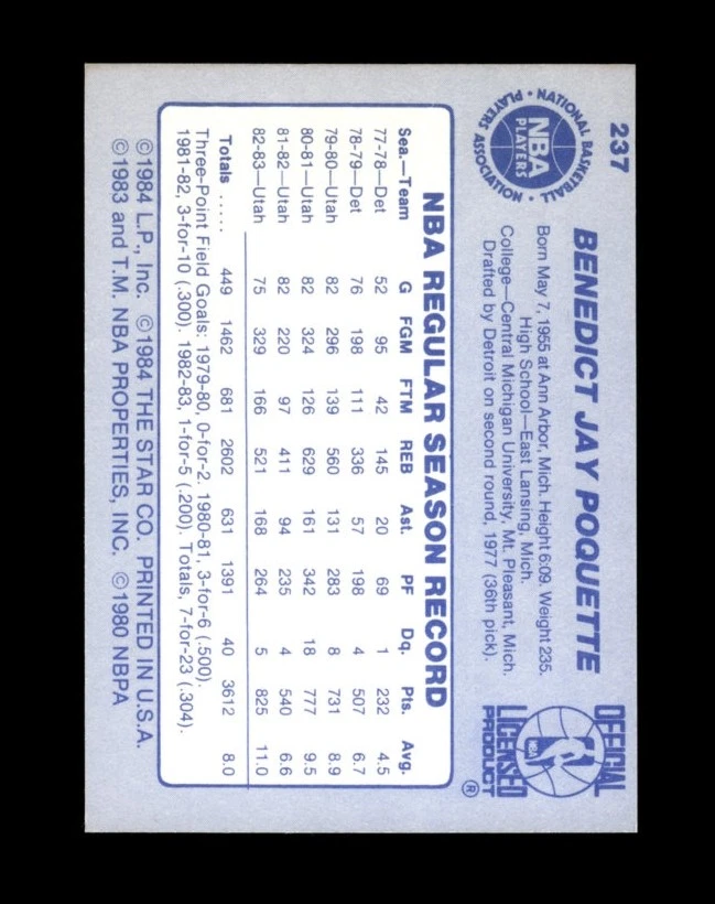 1983-84 Star Set-Break #237 Ben Poquette EX-EXMINT *GMCARDS* - Image 2 of 2