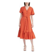 Calvin Klein Orange Textured Button Midi Dress Flutter Sleeve Belted Size 10