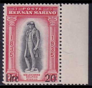 AB634 SAN MARINO – Delfico sovr. 20 lire su 75 c. n. 227 – MNH