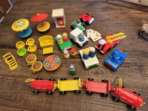 Vintage Fisher Price Little People Mail truck Fire Truck and More Lot Of 40 Pcs