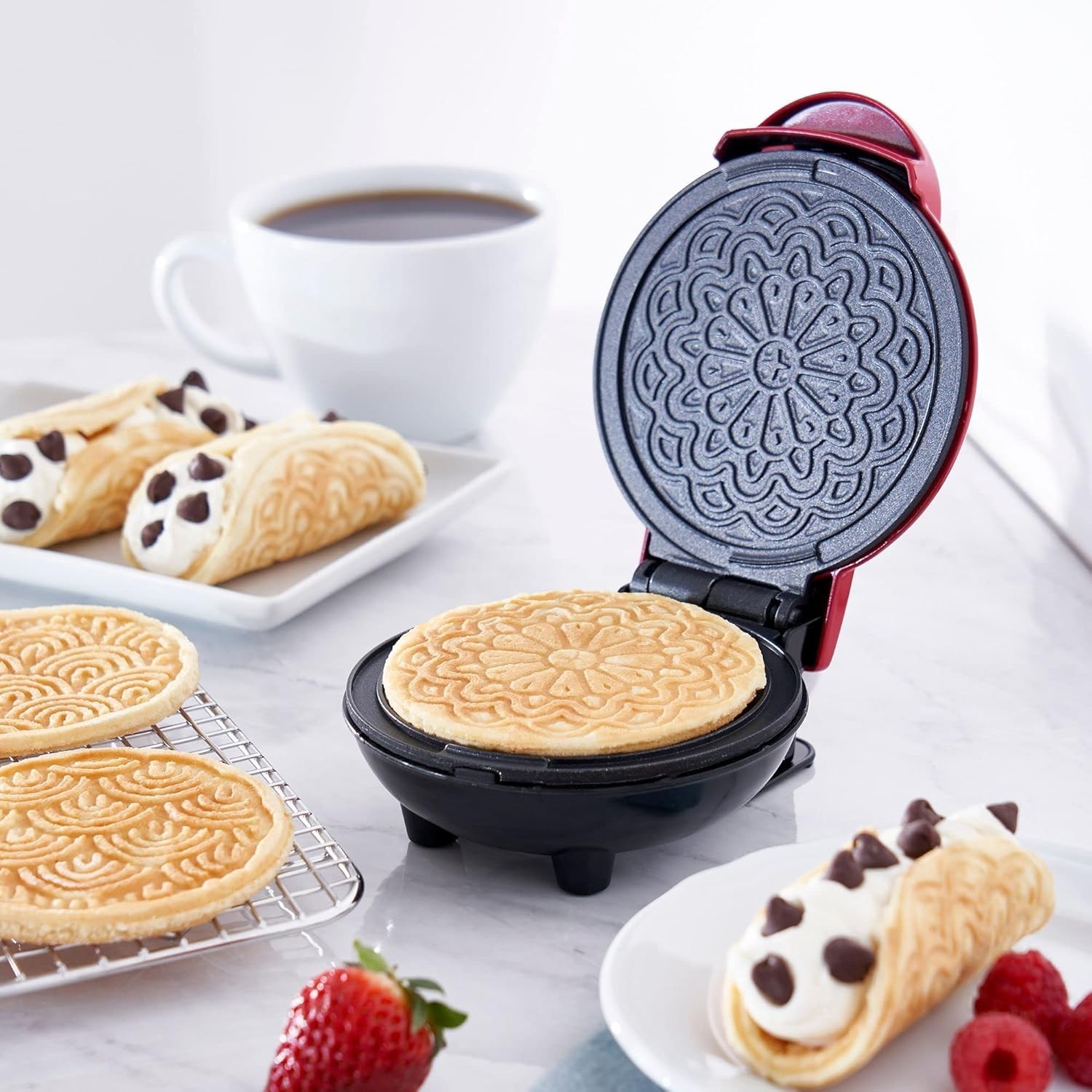 DASH Mini Pizzelle Maker 4" Nonstick Electric Waffle Cookie Iron 350W Red New