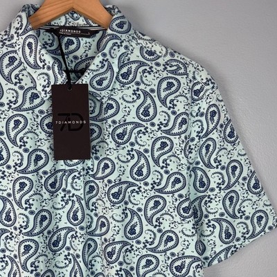 NEW 7 Diamonds Palmer Men Large Blue Paisley Short Sleeve Performance Polo Shirt