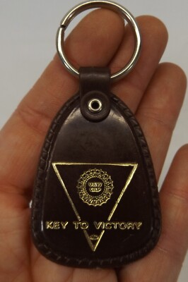 Vintage UAW CAP Key To Victory Brown Keychain Keyring fob Blank Back