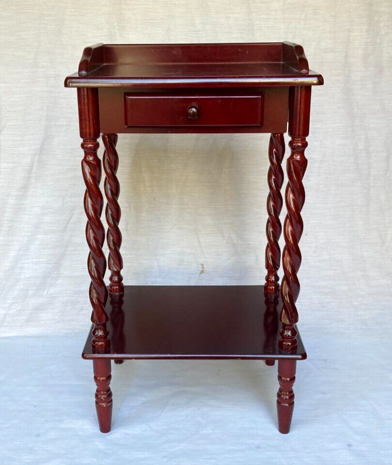 Vintage Mahogany Finish Wood Barley Twist Telephone Stand with Drawer and Shelf