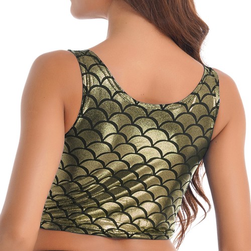 FEESHOW Women Shiny Mermaid Sleeveless Scoop Neck Crop Tank Tops Casual Sports - Picture 78 of 88