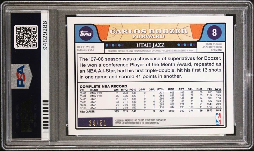 Topps Carlos Boozer 2008-09 negro/51 PSA 8 #8 Foto 2 de 2