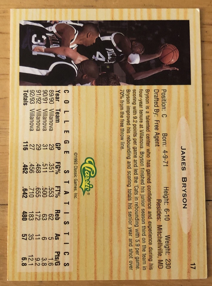 1993 Classic Draft Picks James Bryson Basketball Card #17 Wildcats High-Grade NM - Image 2 of 2