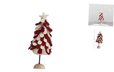  5'' Round x 13'' H Handmade Wool Felt Tree w/Star & Wood Ball Base, White & Red 