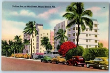 Miami Florida FL Postcard Collins Ave 44th Street Beach Classic Cars Road 1940