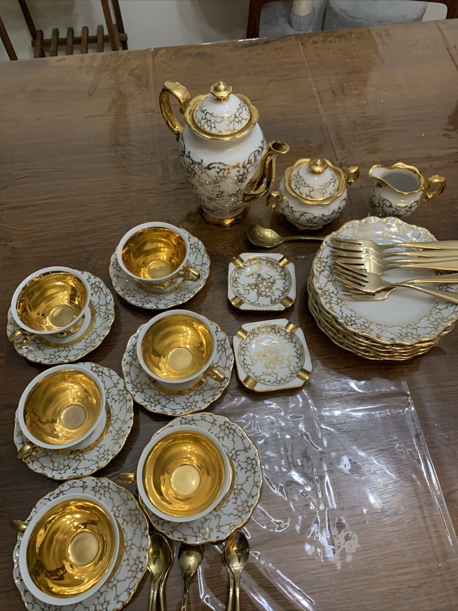 VTG! HAUS DRESDEN Demitasse. 6 Pc Full Set. 24K Gold & White