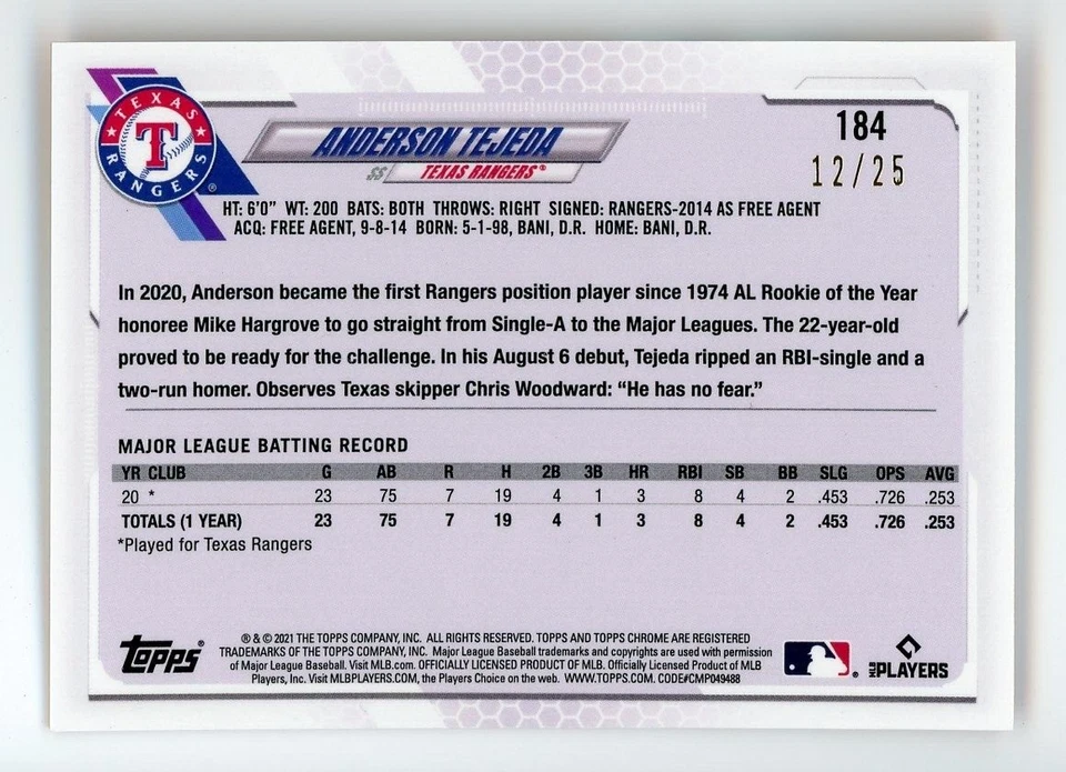 Anderson Tejeda 2021 Topps Chrome Ben Baller Rookie RC Orange Refractor #12/25 - Image 2 of 2