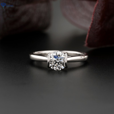 0.92 TDW Round Cut Decorative Prong Style Mossanite Ring 10k White Gold Labstone