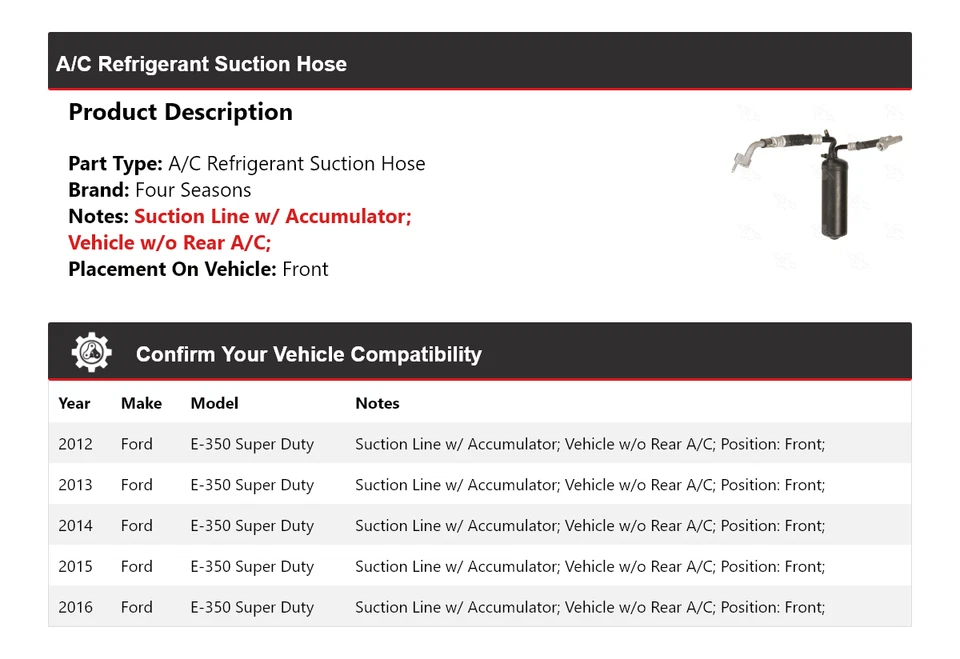 Manguera de succión de refrigerante de aire acondicionado delantera 4 estaciones para Ford E-350 Super Duty 2012-2016 Foto 2 de 4