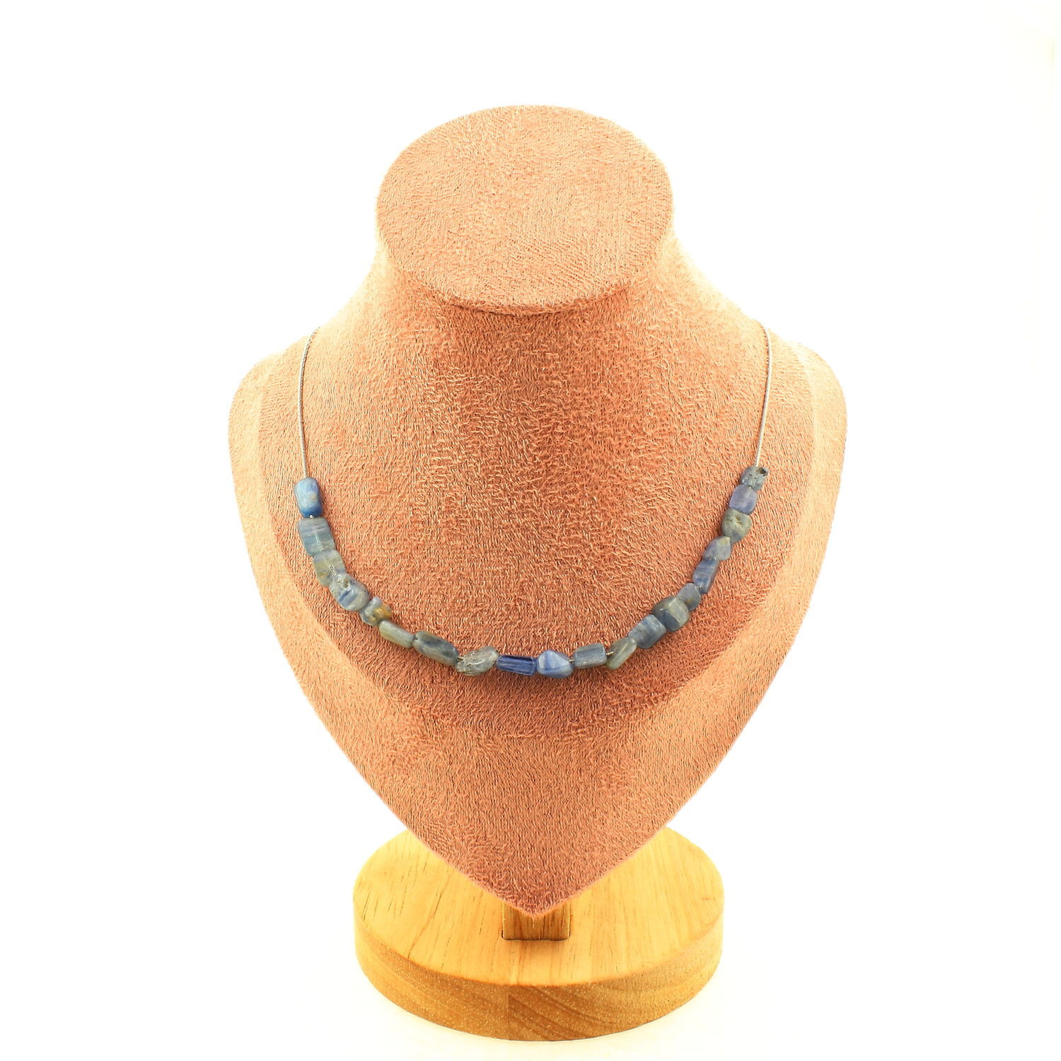 Collier perles Cyanite bleue de qualité gemme, chaine en acier poli miroir