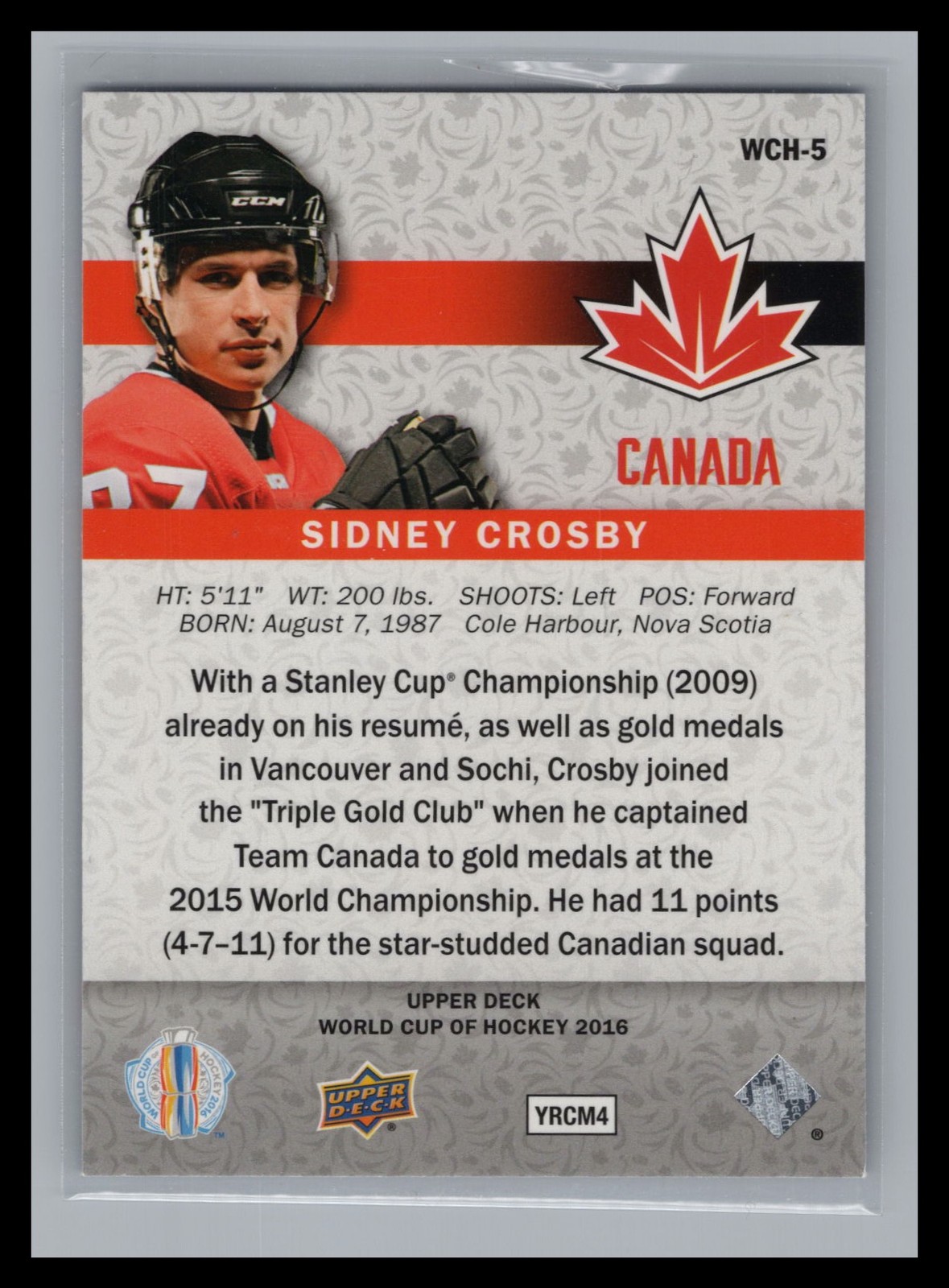 2016 Upper Deck World Cup of Hockey #WCH-5 Sidney Crosby TEAM CANADA