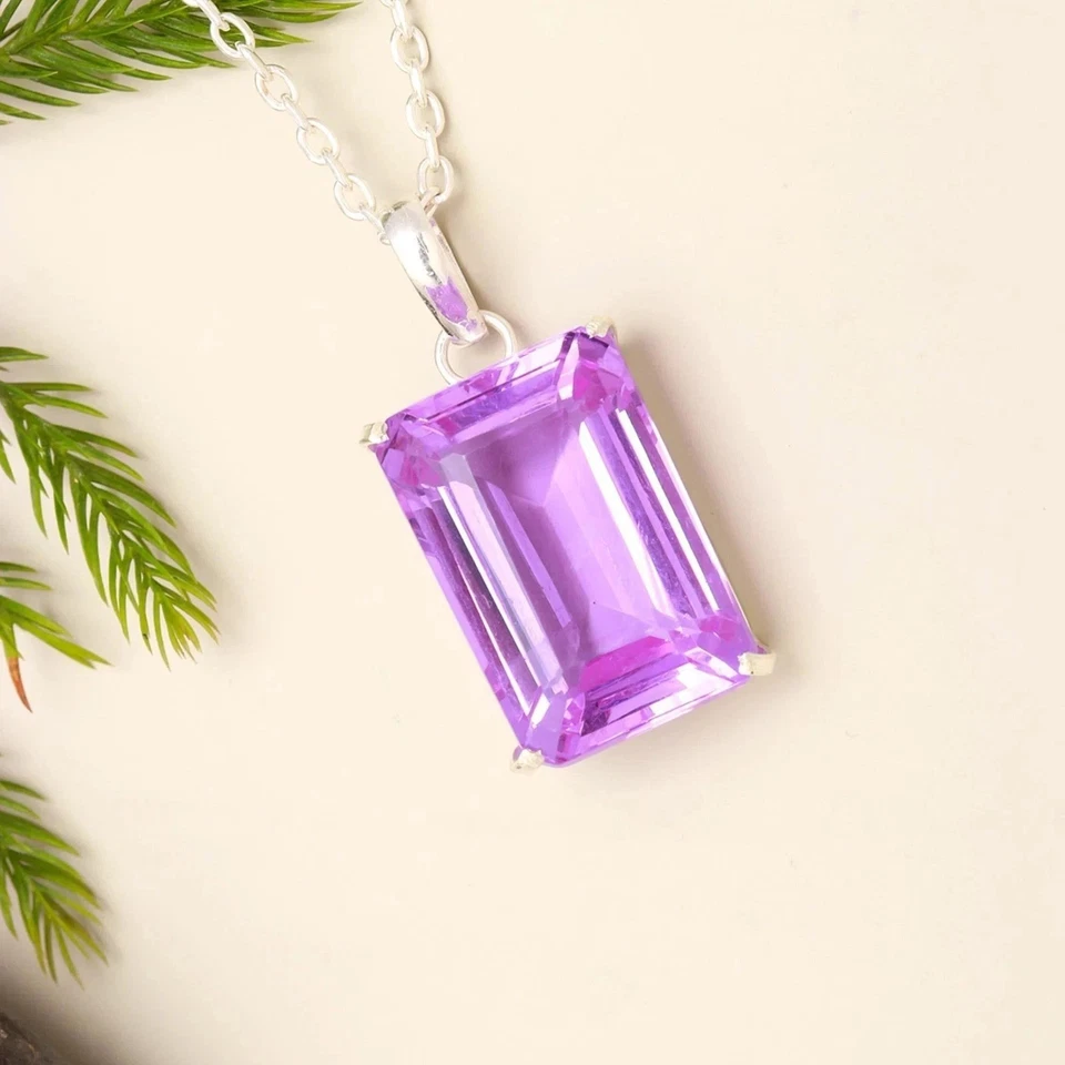 2Ct Emerald Cut Simulated Amethyst Pendant 14k White Gold Finish - Image 2 of 3