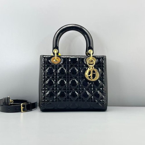 Dior Lady Dior Medium 5-Gusset Black Patent Leather Gold Chain Bag 24cm