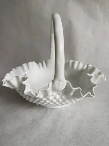 Vintage Fenton Hobnail White Milk Glass Ruffle Rim Basket