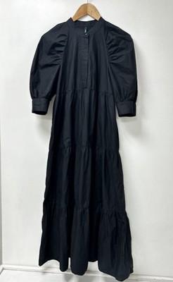 Befree 100% Cotton Black Tiered Maxi Dress Puff Sleeve Mock Neck Size M