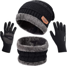 Winter Knit Beanie Hat Neck Warmer Scarf and Touch Screen Gloves Set 3 Pcs Fleec