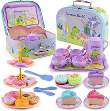 41 Pcs Dinosaur Kids Tea Party Set with Case Pretend Play Tin Tea Set for Girls