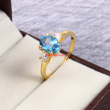 Natural Blue Topaz Gemstone With 18K Gold Plated Silver Women's Ring 27