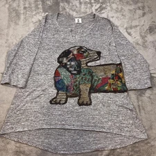 Inoah Shirt Womens XL Gray Dog Graphic Tunic High Low Hem 3/4 Sleeve Made USA