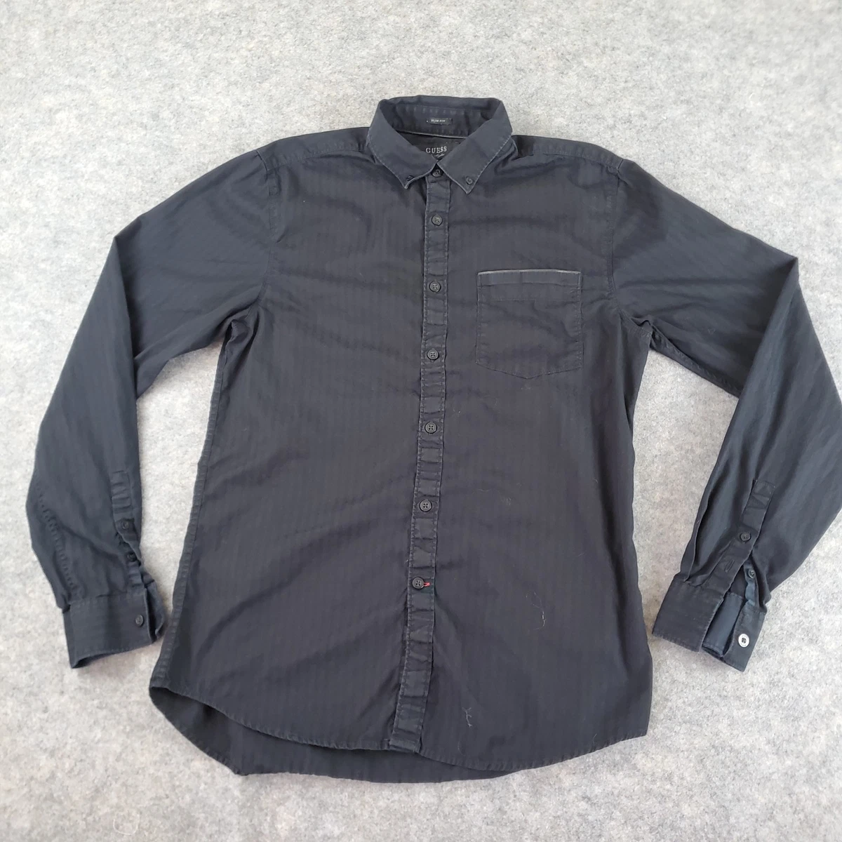 Camisa Guess Abotonada Hombres Pequeña Negra Cuello Abotonado Manga Larga Bolsillo Delgada