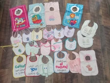 Vintage Lot Of Bibs; Animals, Cute Sayings, Characters. Tie Straps, Button Clasp