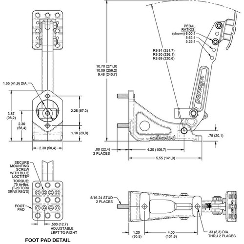 Wilwood 340-16378 Floor Mount Clutch/Brake Pedal, 5.25-6:1 - Bild 2 von 5