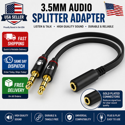 Headset Splitter 3.5mm Jack Dual Male Adapter Mic and Audio Headphone Gold