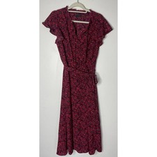 Bobeau Faux Wrap Dress Womens Large Magenta Floral Ruffle Flutter Midi Boho Mod