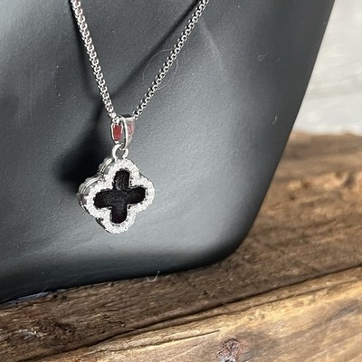Stainless Steel Clover Pendant Necklace Double Sided CZ Pave Chain 18 