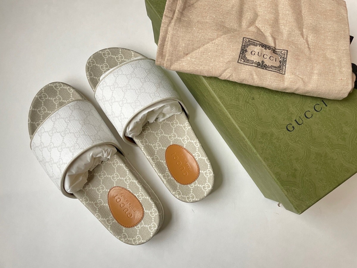 Gucci GG Supreme White/Mystic White Men's Slide Sandals 699939 Sz
