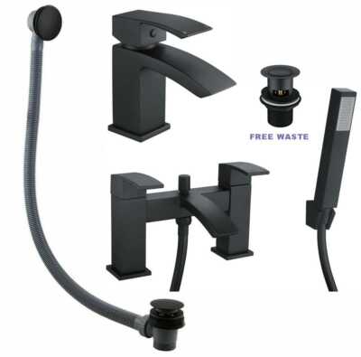 Matt Black Bathroom Tap Set Waterfall Bath Shower Basin Mixer Tap Bath Waste | eBay