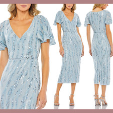 NWT Mac Duggal [ 8 ] Sequined V Neck Flutter Sleeve Tea Length Dress Blue #G1979