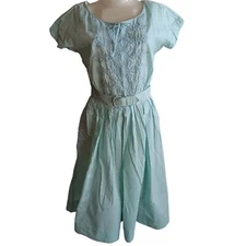 sz 8 Vintage 1950's Dress Mint Green Embroidered Nelly Don Belt Linen Distress