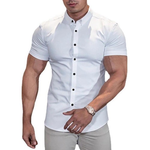 Mens Button Down Short Sleeve Solid Shirts Casual Muscle Slim Fit Tops Tee Shirt - Picture 12 of 19
