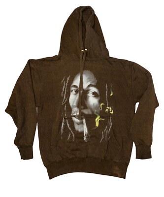 Mens Brown Bob Marley Pull Over Hooded Sweater Size Small Big Face Logo 