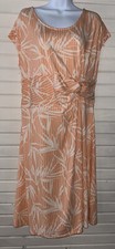 Lands End Sz LARGE Coral Orange Palms Cap Sleeve Twist Front Stretch Dress EUC