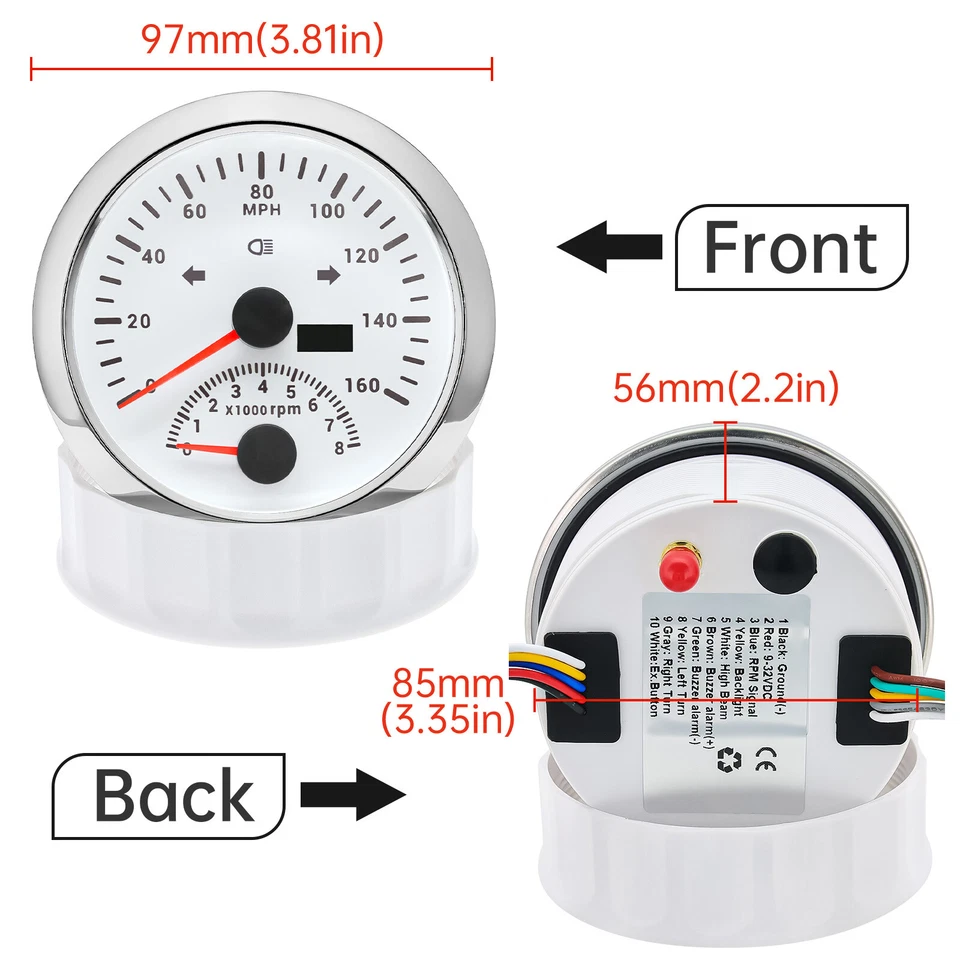 2 Gauge Set 85mm White GPS Speedometer 160MPH W/Tacho/Fuel/Temp/Oil/Volt Gauge  - Image 4 of 4