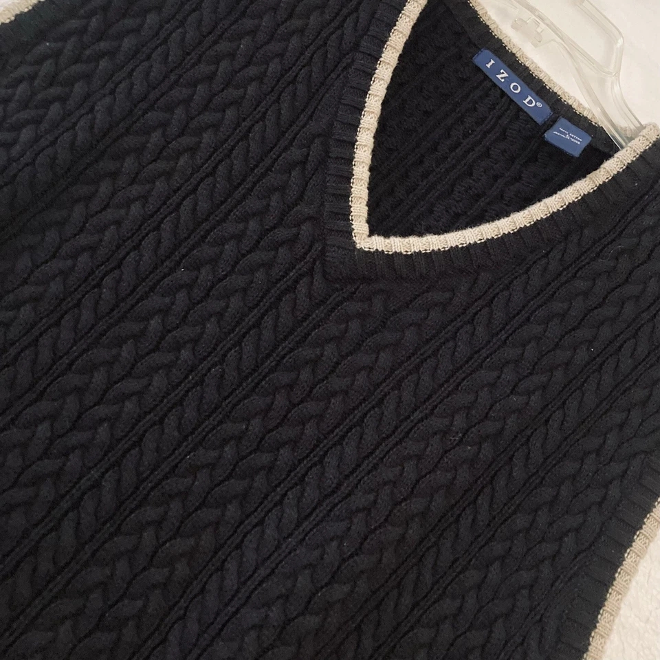 IZOD мужской кабель вязаный свитер жилет рубашка большой V шеи черный бежевый отделки хлопок - Изображение 2 из 4