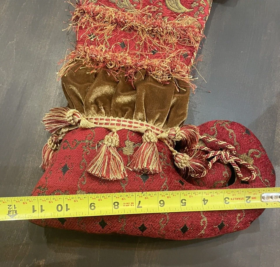 Рождественские чулки Bella Rose бордовое золото парча кисточки колокольчики бархат 23 дюйма б/у в отличном состоянии - Изображение 4 из 4